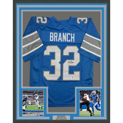 Framed Autographed/Signed Brian Branch 35x39 Detroit Blue Football Jersey Beckett BAS COA