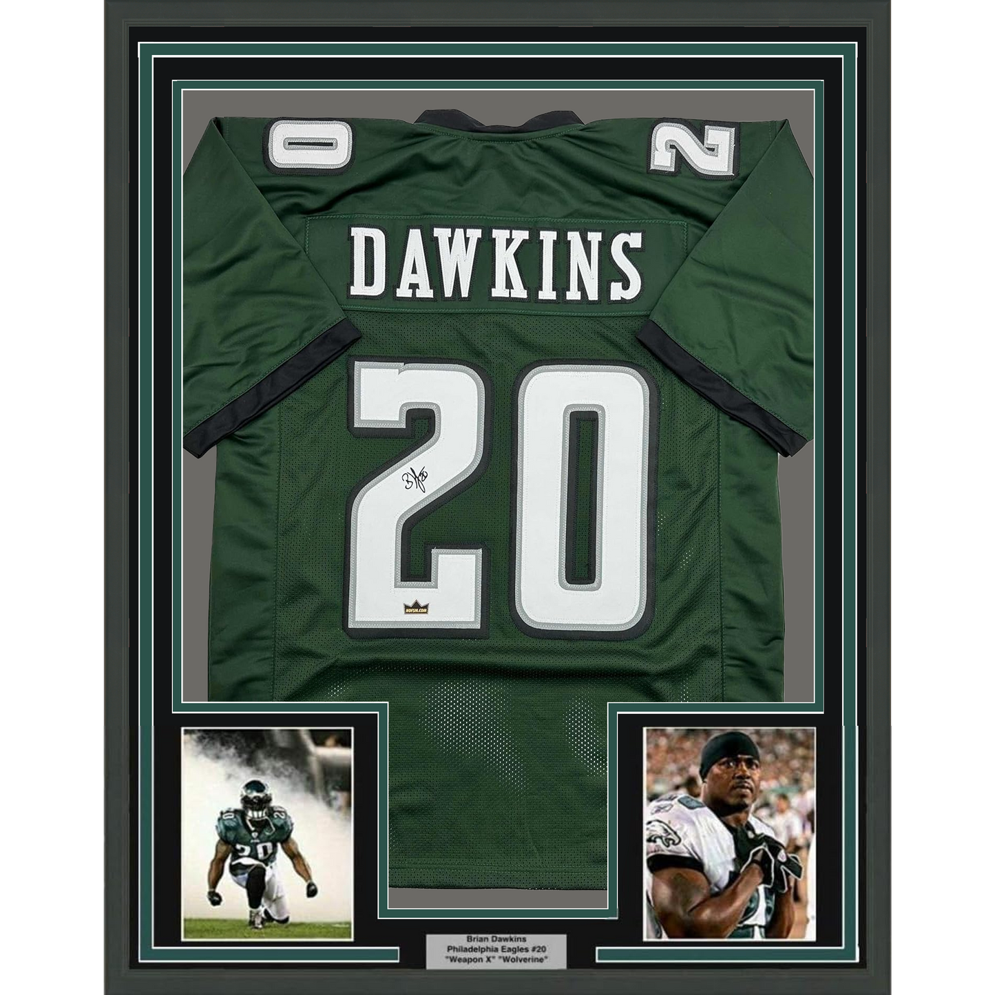 Framed Facsimile Autographed Brian Dawkins 35x39 Philadelphia Green Reprint Laser Auto Football Jersey