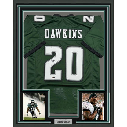 Framed Facsimile Autographed Brian Dawkins 35x39 Philadelphia Green Reprint Laser Auto Football Jersey