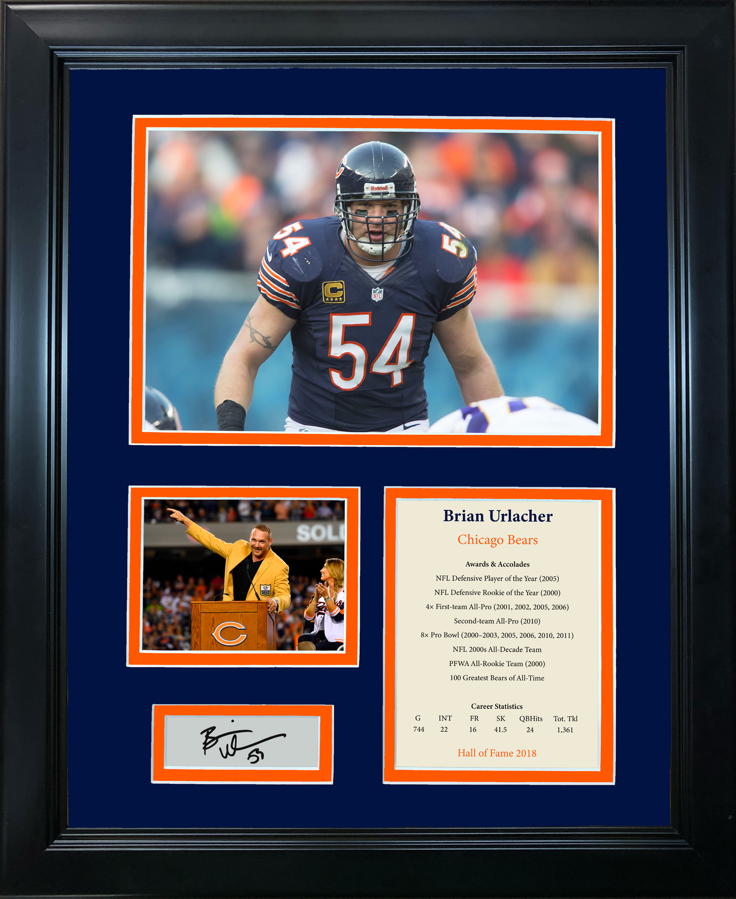 Framed Brian Urlacher Hall of Fame Facsimile Laser Engraved Signature Auto Chicago Bears 11"x14" Football Photo Sig Collage