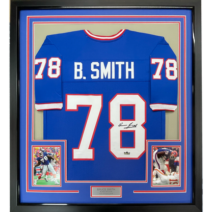 Framed Facsimile Autographed Bruce Smith 35x39 Buffalo Blue Reprint Laser Auto Football Jersey