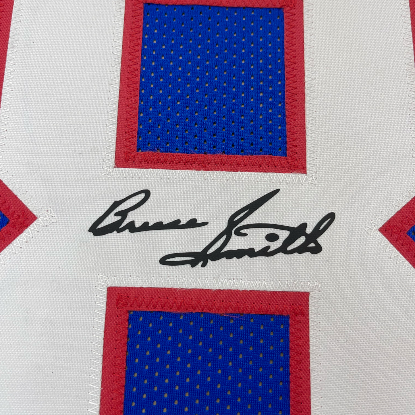 Framed Facsimile Autographed Bruce Smith 35x39 Buffalo Blue Reprint Laser Auto Football Jersey