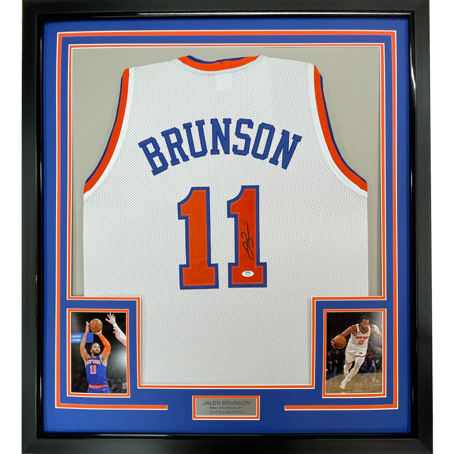 Framed Autographed/Signed Jalen Brunson 35x39 New York White Basketball Jersey PSA/DNA COA