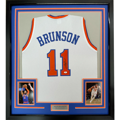 Framed Autographed/Signed Jalen Brunson 35x39 New York White Basketball Jersey PSA/DNA COA