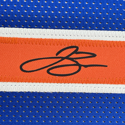 Framed Facsimile Autographed Jalen Brunson 35x39 New York Blue Reprint Laser Auto Basketball Jersey