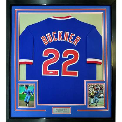 Framed Autographed/Signed Bill Buckner 35x39 Chicago Blue Baseball Jersey JSA COA