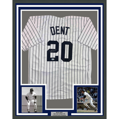 Framed Autographed/Signed Bucky Dent 35x39 New York Pinstripe Baseball Jersey Beckett BAS COA