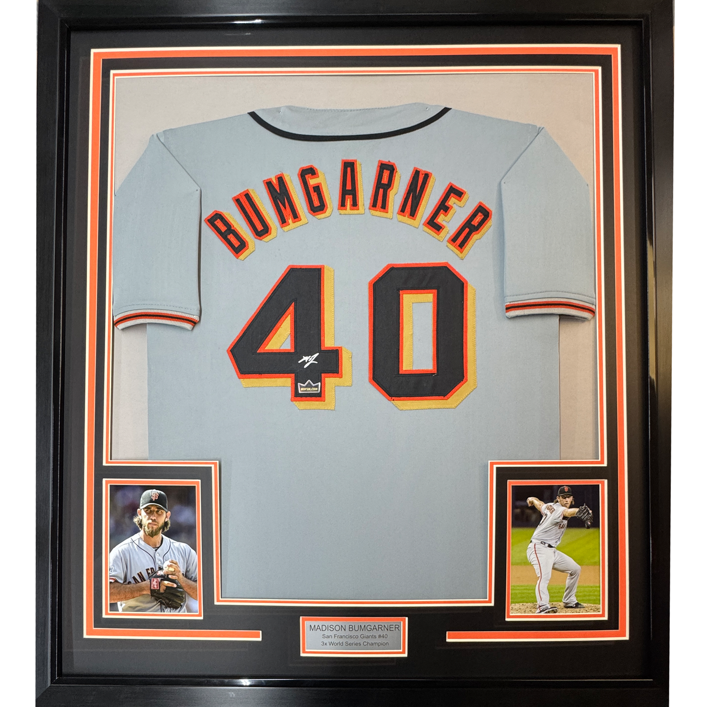 Framed Facsimile Autographed Madison Bumgarner 35x39 San Francisco Grey Reprint Laser Auto Baseball Jersey