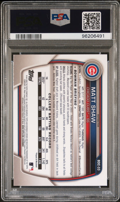 Graded 2023 Topps Bowman Draft Matt Shaw #BDC33 Chrome Refractor Rookie RC Baseball Card PSA 10 Gem Mint