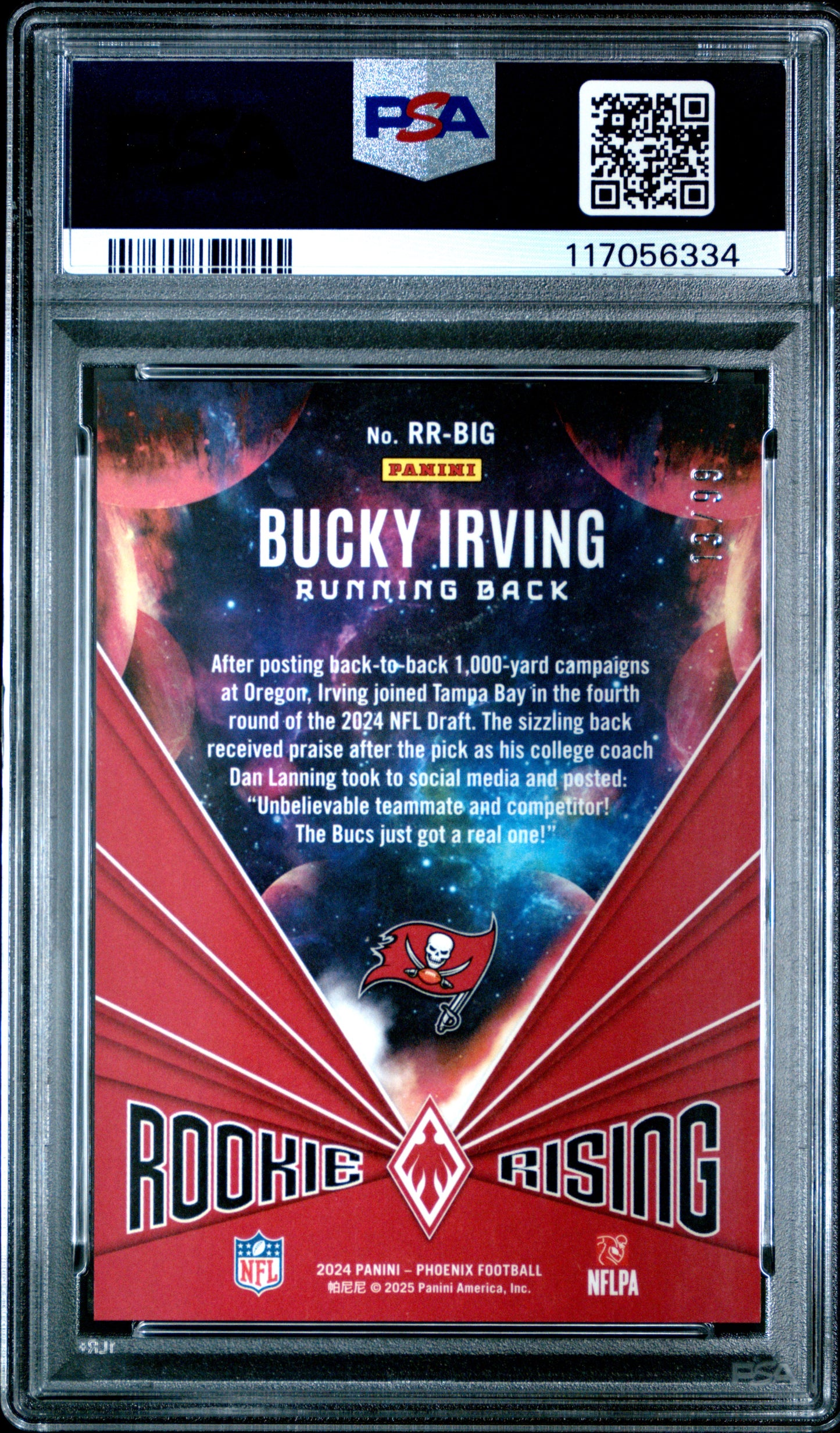 Graded 2024 Panini Phoenix Bucky Irving #RRBIG Rookie Rising Red /99 Rookie RC Football Card PSA 10 Gem Mint