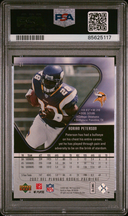 Graded 2007 Upper Deck Rookie Premiere Adrian Peterson #21 Rookie RC Football Card PSA 10 Gem Mint