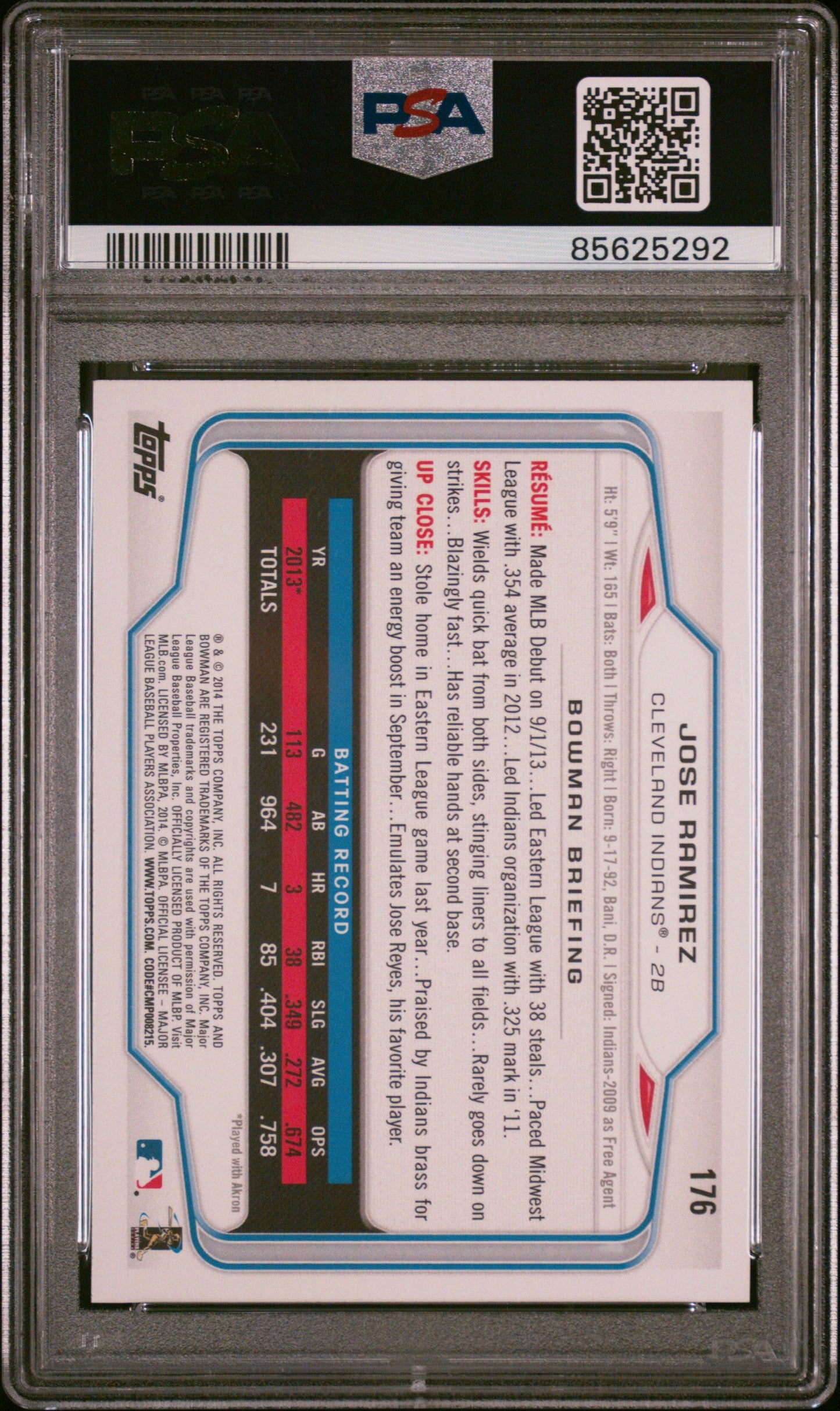 Graded 2014 Topps Bowman Jose Ramirez #176 Rookie RC Baseball Card PSA 9 Mint