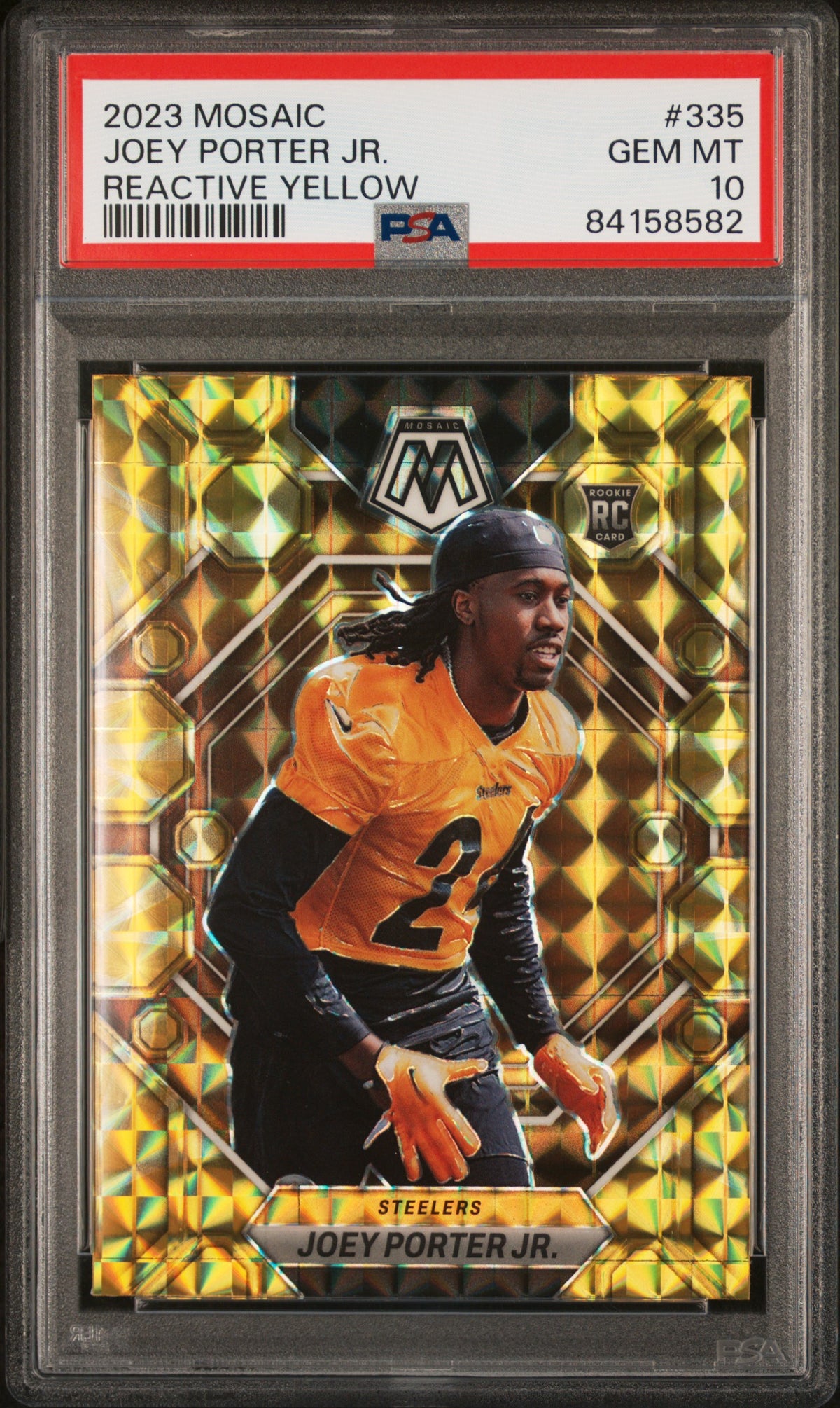 Graded 2023 Panini Mosaic Joey Porter Jr #335 Reactive Yellow Rookie RC Football Card PSA 10 Gem Mint