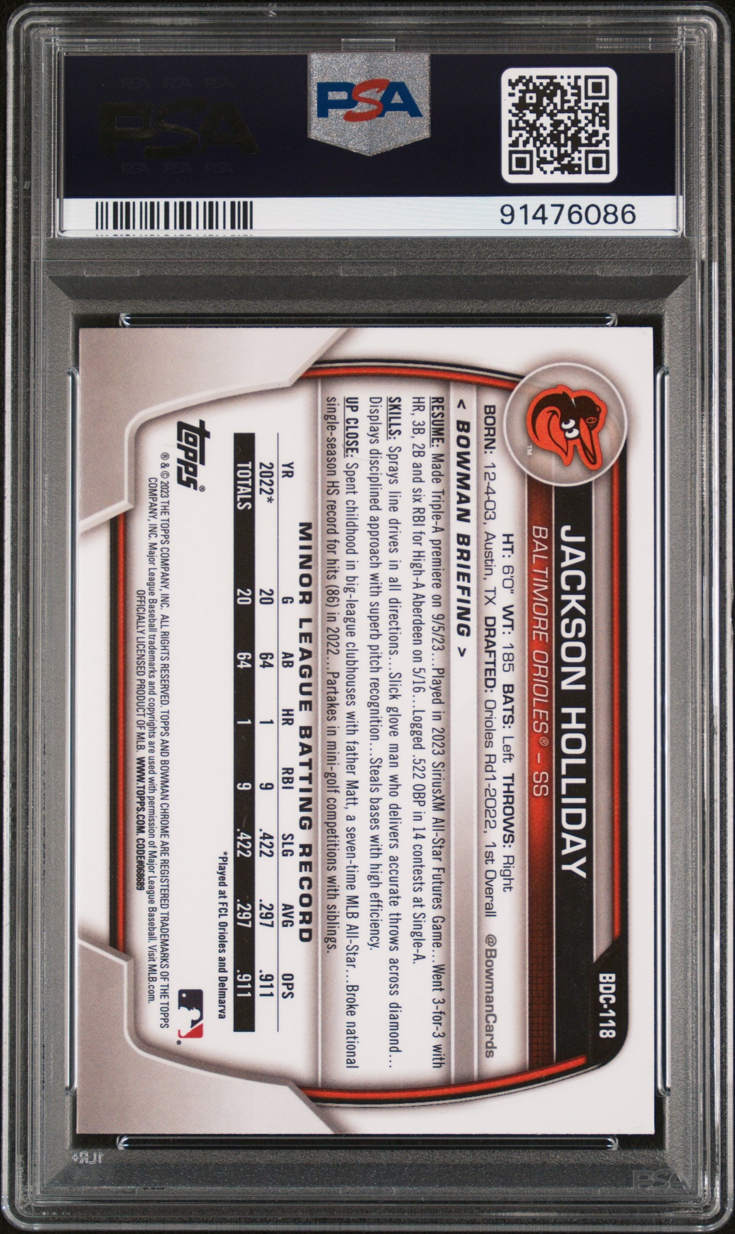 Graded 2023 Topps Bowman Draft Jackson Holliday #BDC118 Chrome Purple /250 Rookie RC Baseball Card PSA 10 Gem Mint