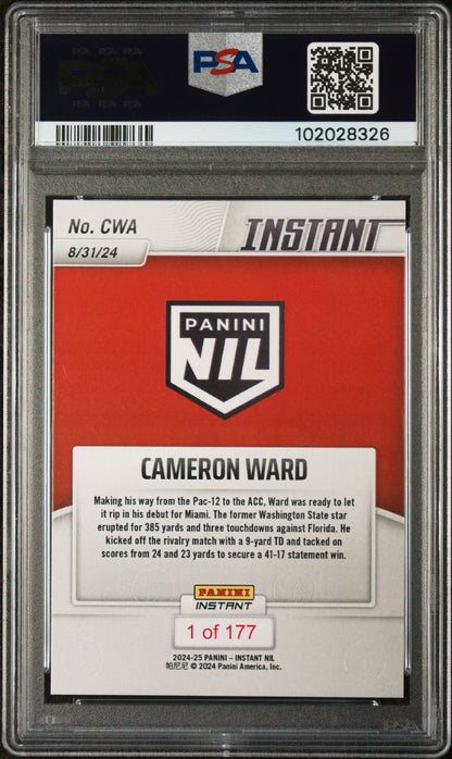 Graded 2024 Panini Instant NIL Cam Ward #CWA Rookie RC Football Card PSA 9 Mint
