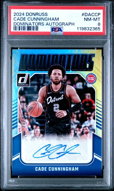 Graded 2024 Donruss Cade Cunningham #DACCP /49 Dominators Autograph Basketball Card PSA 8 NM-MT