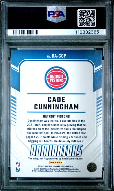 Graded 2024 Donruss Cade Cunningham #DACCP /49 Dominators Autograph Basketball Card PSA 8 NM-MT