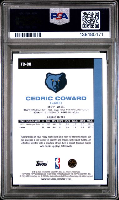 Graded 2025 Topps Silver Pack Cedric Coward #TCCO Rookie RC Basketball Card PSA 10 Gem Mint