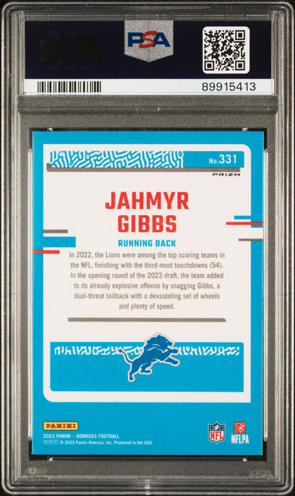 Graded 2023 Panini Donruss Jahmyr Gibbs #331 Optic Preview Green Velocity Rookie RC Football Card PSA 10 Gem Mint