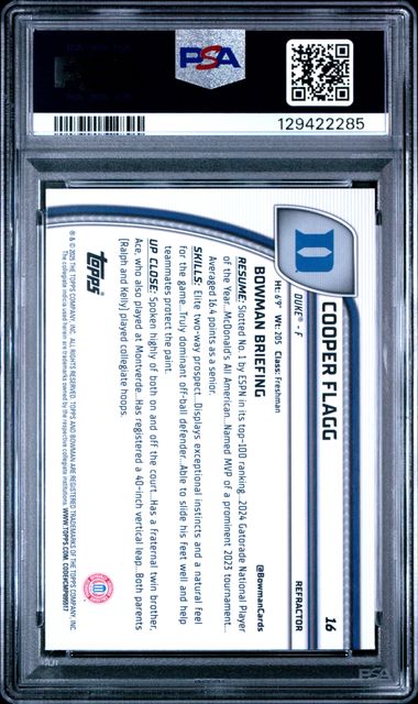 Graded 2024 Topps Bowman Chrome U Cooper Flagg #16 Refractor Rookie RC Basketball Card PSA 9 Mint