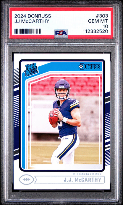 Graded 2024 Panini Donruss JJ McCarthy #303 Rookie RC Football Card PSA 10 Gem Mint