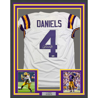 Framed Autographed/Signed CJ C.J. Daniels 35x39 LSU White College Football Jersey Beckett BAS COA