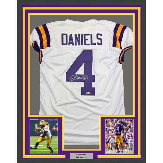 Framed Autographed/Signed CJ C.J. Daniels 35x39 LSU White College Football Jersey Beckett BAS COA