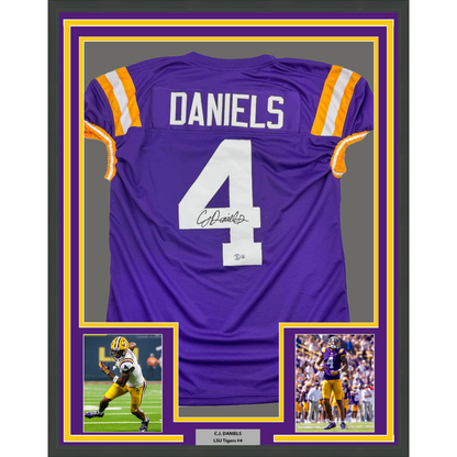 Framed Autographed/Signed CJ C.J. Daniels 35x39 LSU Purple College Football Jersey Beckett BAS COA