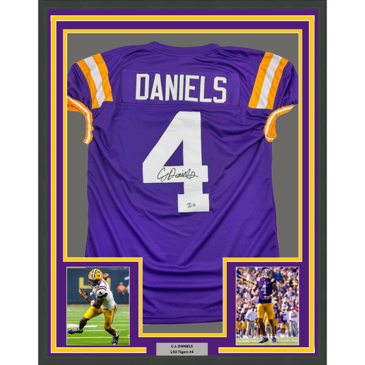 Framed Autographed/Signed CJ C.J. Daniels 35x39 LSU Purple College Football Jersey Beckett BAS COA