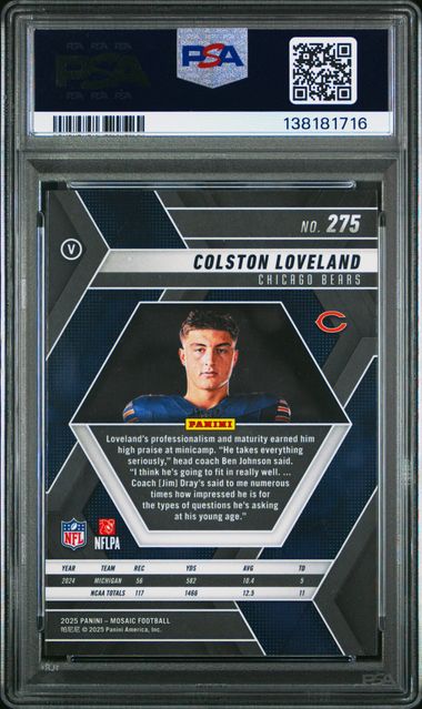 Graded 2025 Panini Mosaic Colston Loveland #275 Variation Rookie RC Football Card PSA 10 Gem Mint