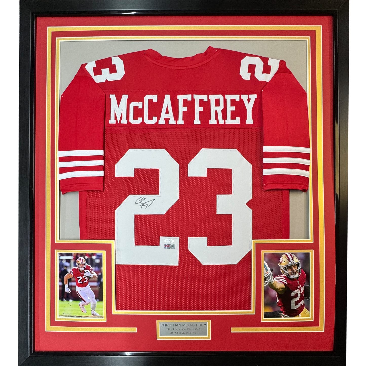 Framed Autographed/Signed Christian McCaffrey 35x39 San Francisco Red Football Jersey Beckett BAS COA
