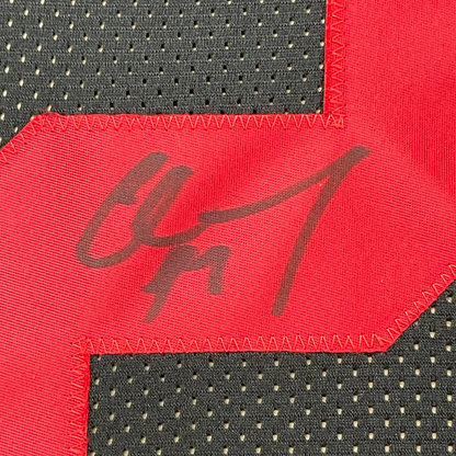 Framed Autographed/Signed Christian McCaffrey 35x39 San Francisco Black Football Jersey JSA COA