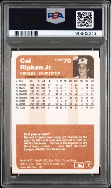 Graded 1983 Fleer Cal Ripken Jr. #70 2nd Year Baseball Card PSA 10 Gem Mint