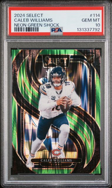 Graded 2024 Panini Select Caleb Williams #114 Neon Green Shock /499 Rookie RC Football Card PSA 10 Gem Mint