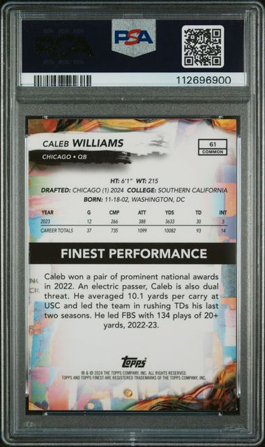 Graded 2024 Topps Finest Caleb Williams #61 /99 Blue Checkerboard Rookie RC Football Card PSA 10 Gem Mint