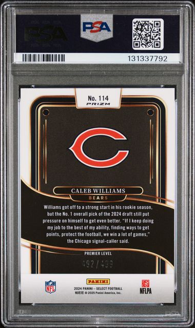 Graded 2024 Panini Select Caleb Williams #114 Neon Green Shock /499 Rookie RC Football Card PSA 10 Gem Mint