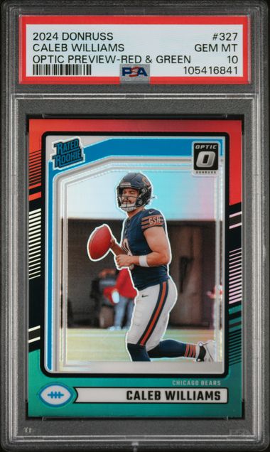 Graded 2024 Panini Donruss Caleb Williams #327 Optic Preview Red & Green Rookie RC Football Card PSA 10 Gem Mint