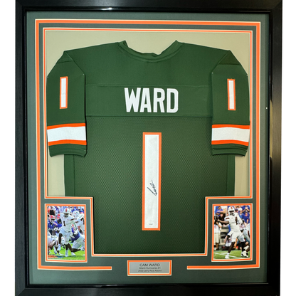 Framed Autographed/Signed Cameron Cam Ward 35x39 Miami Green College Football Jersey JSA COA