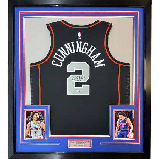Framed Autographed/Signed Cade Cunningham 35x39 Detroit Pistons Black City Edition Authentic Basketball Jersey Fanatics COA