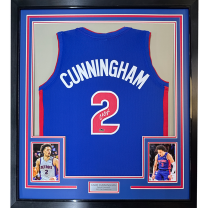 Framed Facsimile Autographed Cade Cunningham 35x39 Detroit Blue Reprint Laser Auto Basketball Jersey