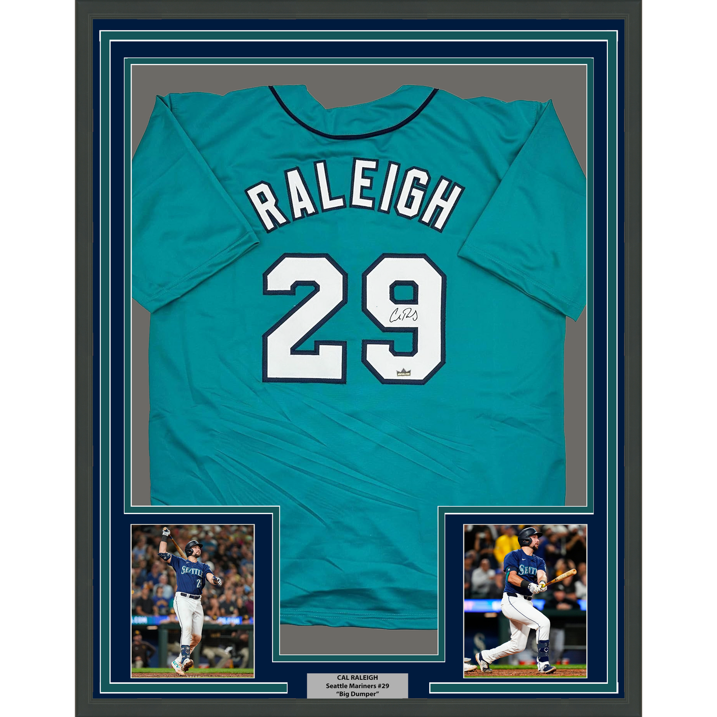 Framed Facsimile Autographed Cal Raleigh 35x39 Seattle Teal Reprint Laser Auto Baseball Jersey