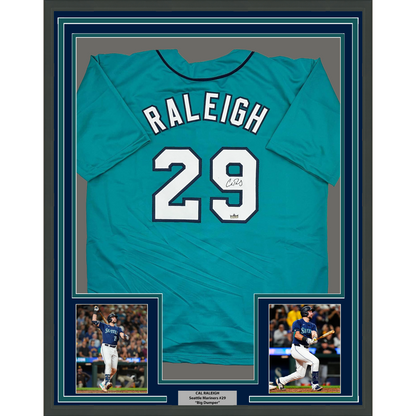 Framed Facsimile Autographed Cal Raleigh 35x39 Seattle Teal Reprint Laser Auto Baseball Jersey