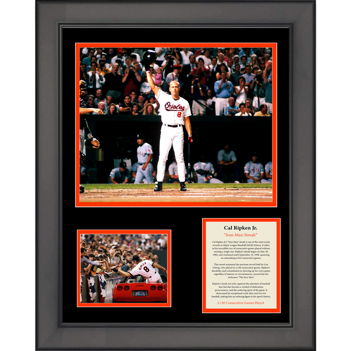 Framed Cal Ripken Jr.  Iron Man Streak  2,632 Consecutive Games Played Record Baltimore Orioles 11"x14" Baseball Three Photo Collage