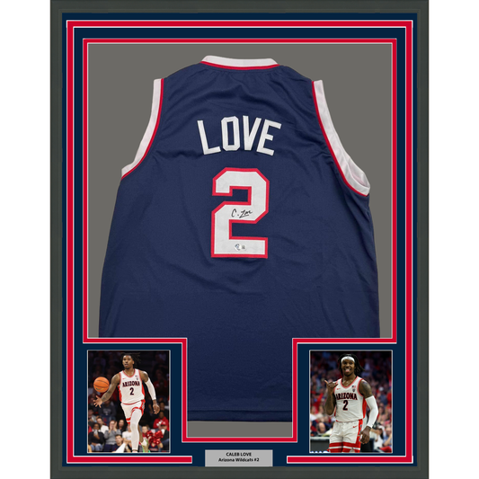 Framed Autographed/Signed Caleb Love 35x39 Arizona Blue College Basketball Jersey Beckett BAS COA