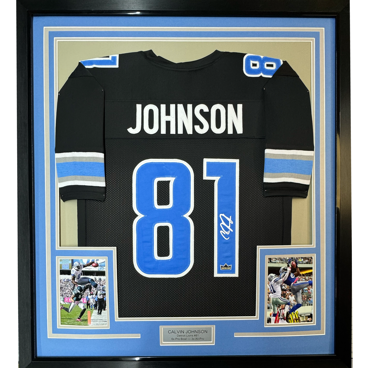 Framed Facsimile Autographed Calvin Johnson 35x39 Detroit Black Reprint Laser Auto Football Jersey