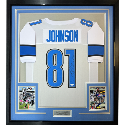 Framed Autographed/Signed Calvin Johnson 35x39 HOF 21 Detroit White Football Jersey JSA COA