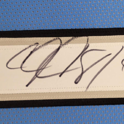 Framed Autographed/Signed Calvin Johnson 35x39 HOF 21 Detroit Blue Football Jersey JSA COA
