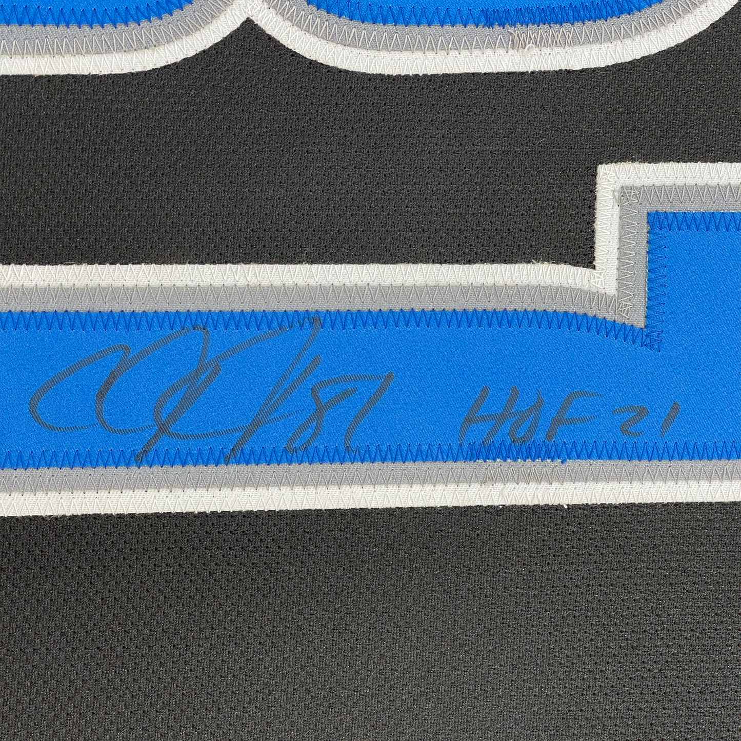 Framed Autographed/Signed Calvin Johnson 35x39 HOF 21 Detroit Black Football Jersey JSA COA
