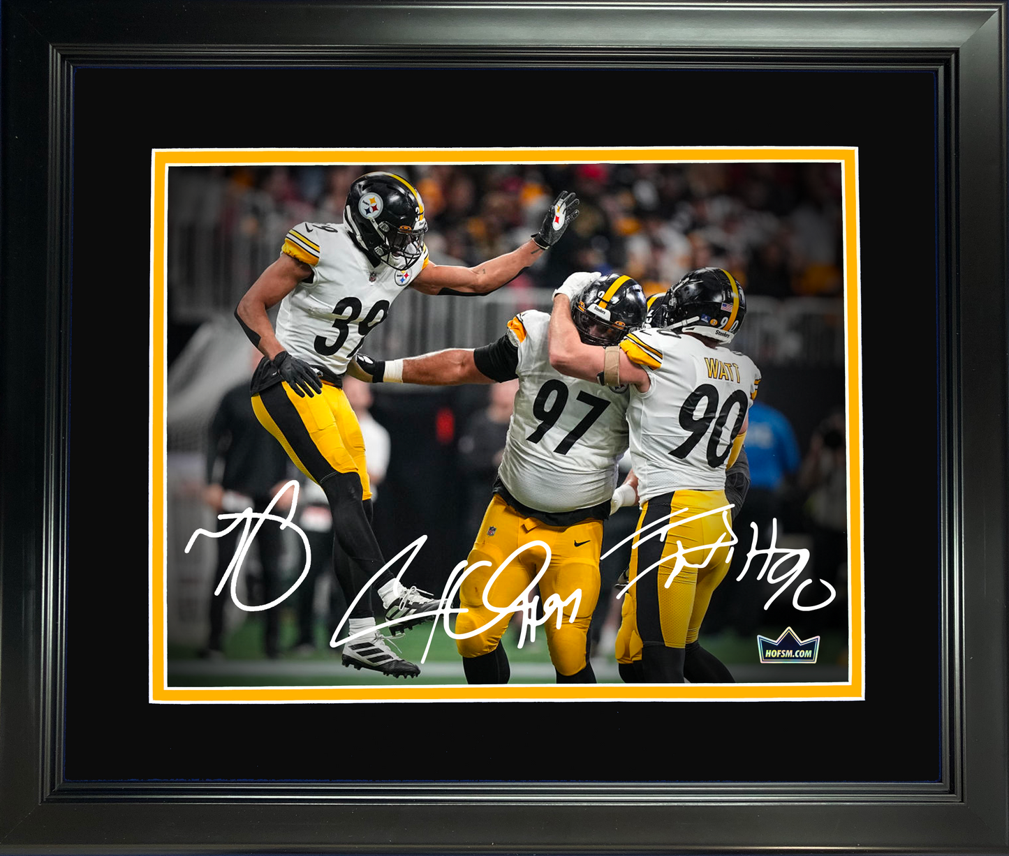 Framed Cameron Heyward, Minkah Fitzpatrick & T.J. Watt Facsimile Laser Engraved Signature Auto Pittsburgh Steelers 11"x14" Football Photo HOFSM Holo
