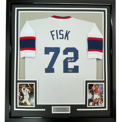 Framed Facsimile Autographed Carlton Fisk 35x39 Chicago White Retro Reprint Laser Auto Baseball Jersey